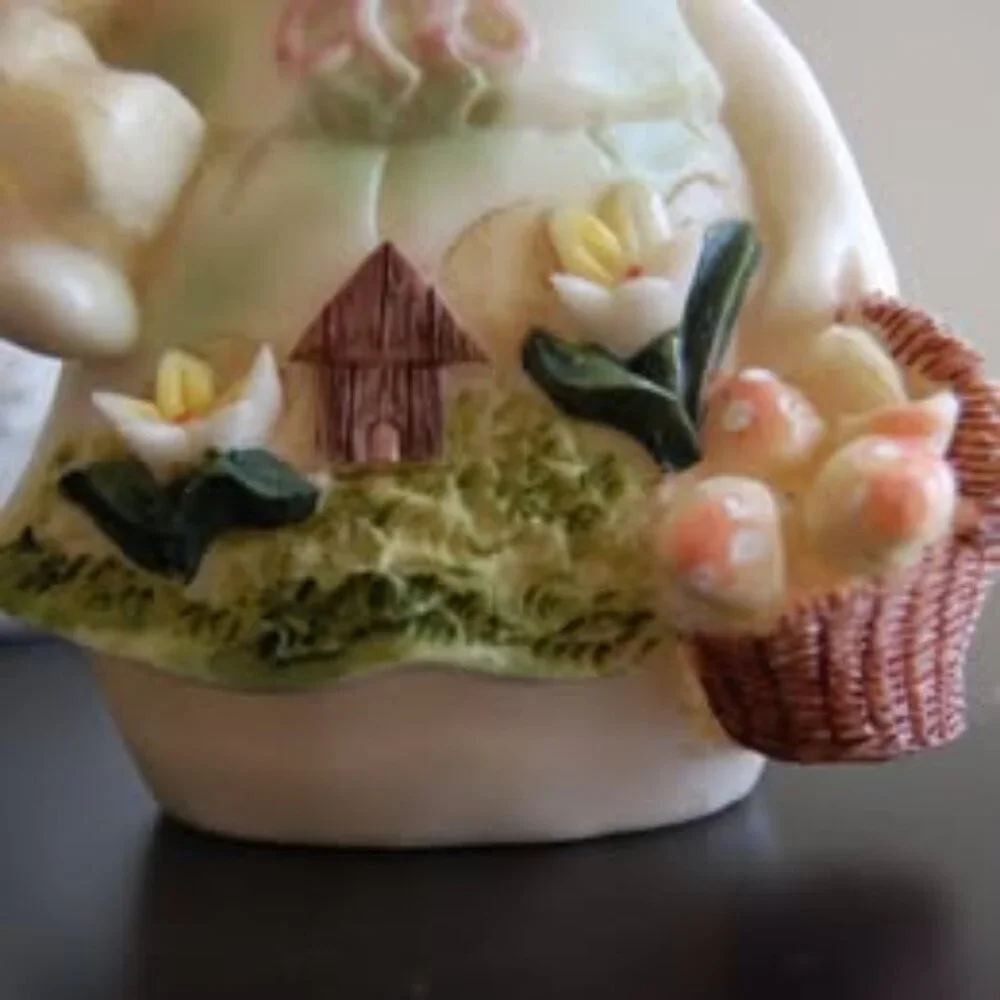 Vintage Easter Bunny Rabbit w/ Mushroom Basket Figurine Whimsical Cottagecore
